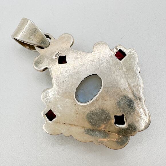 Sterling Silver Moonstone Garnet Pendant Vtg Boho Hippie 90s Multi Gemstone - Picture 6 of 13